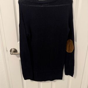 Elegant Off-the-Shoulder Navy Sweater with Brown Patch